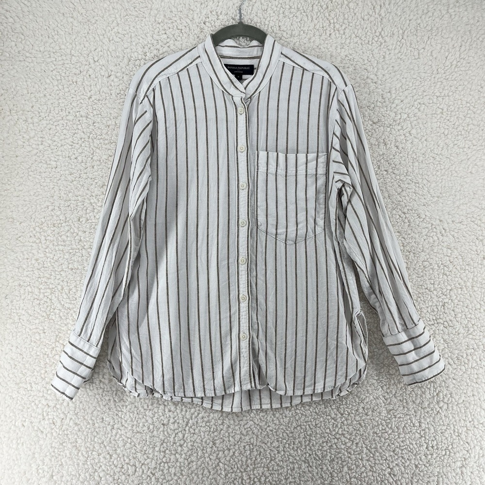 Banana Republic Linen Blend Striped Button Down Shirt White Brown Small Coastal
